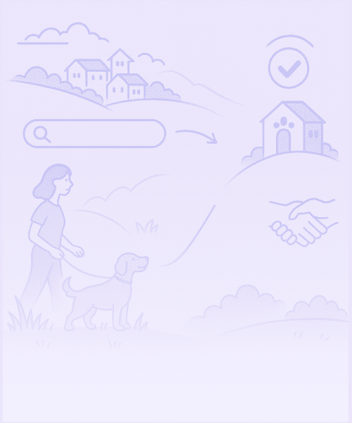 Illustration of a woman walking a dog in a hilly landscape, with houses, a search bar, a house with a check mark, and a handshake, representing searching for and finding a home.