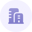 Purple icon of two stylized buildings, one tall and one shorter, on a light circular background.