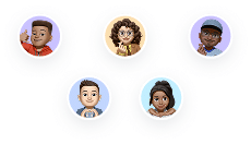 Five illustrated avatar profile icons are arranged in a circle on a light background, each representing a diverse individual with different hairstyles, skin tones, and expressions.
