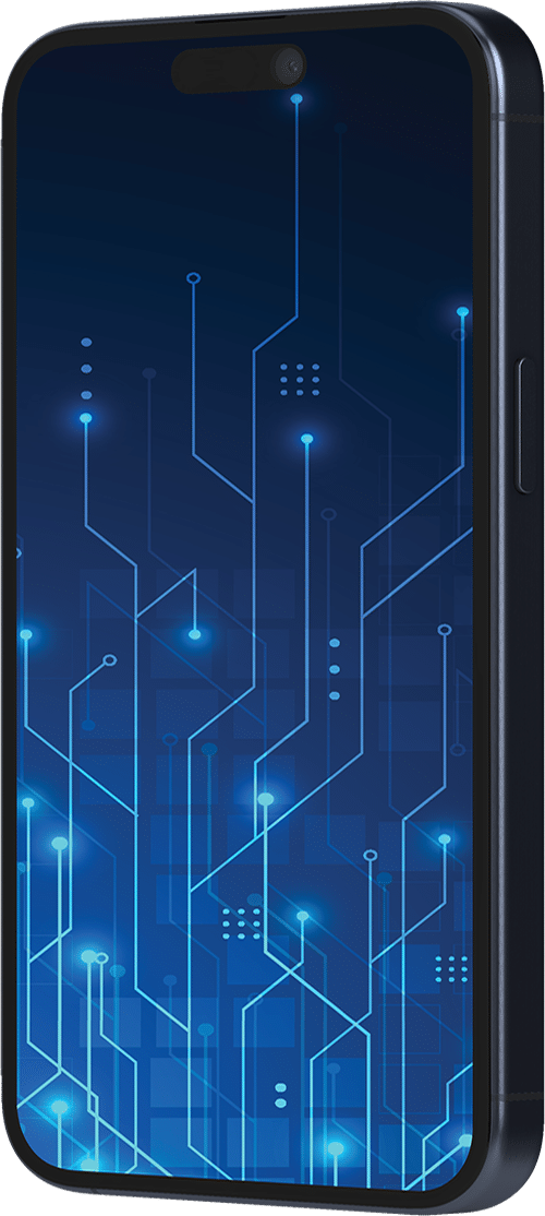 A smartphone with a dark frame displays a digital circuit board pattern with glowing blue lines and dots on its screen, symbolizing technology and connectivity.