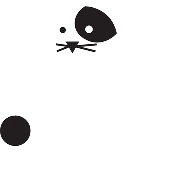 Minimalist illustration of a white cat with a black spot over one eye, a black nose, and a round black spot on its body. The cat is sitting and appears to be playing with a black ball.