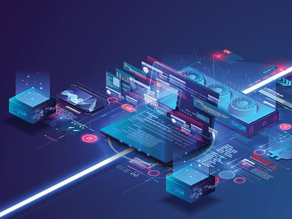 Futuristic digital illustration of computer components and code, featuring floating data screens, circuit boards, graphs, and glowing elements representing advanced technology and programming concepts.