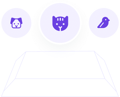 Three purple icons above a blank platform: a dog’s face on the left, a cat’s face in the center, and a bird on the right, each inside a circle.