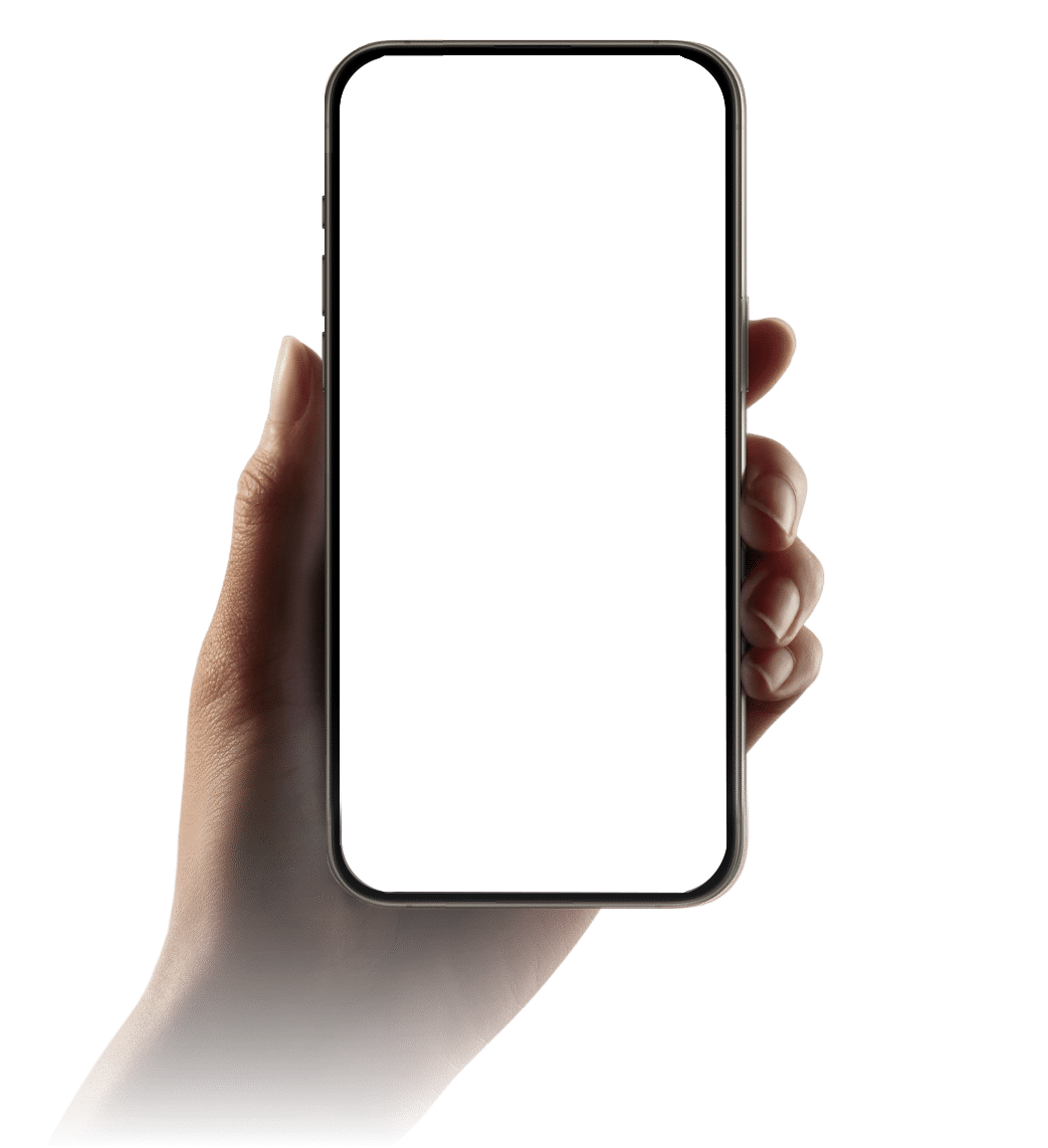 A hand holding a modern smartphone with a completely blank, white screen against a plain background.