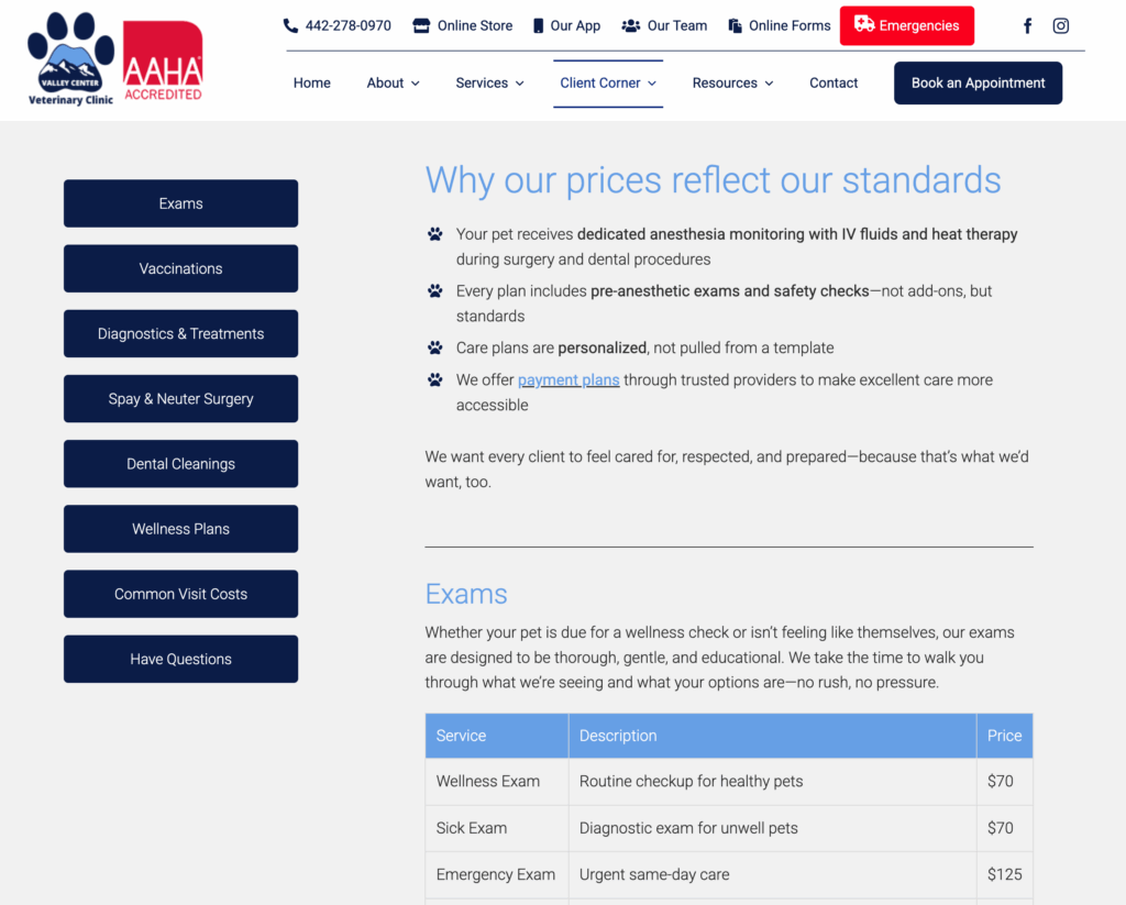 Screenshot of a veterinary clinic's pricing page showing sections for client services and a price list for exams. The text explains high standards of care, and the table lists prices for different wellness and exam visits.
