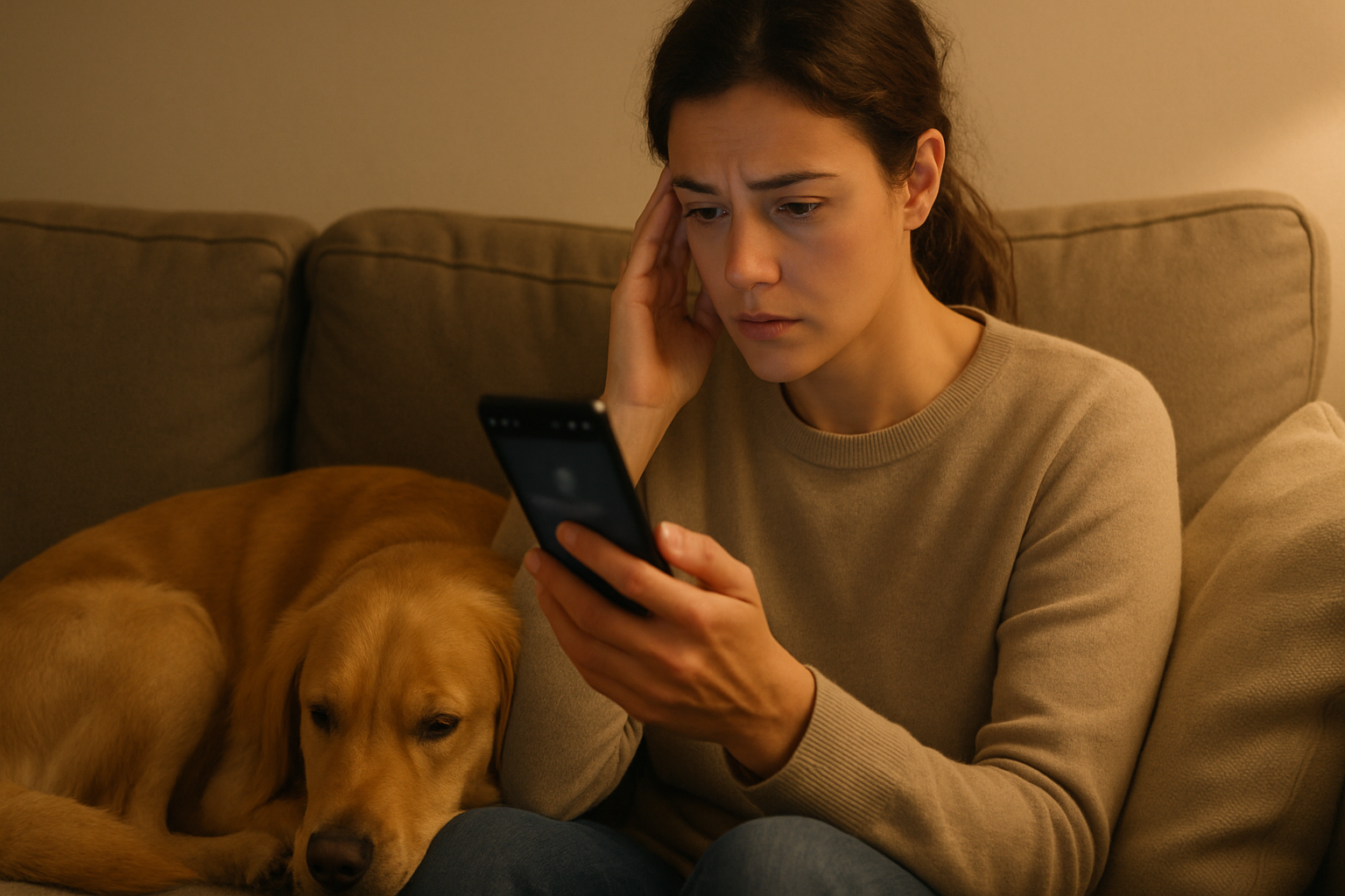 A concerned woman sits on a couch holding a smartphone, looking worried—perhaps seeking advice about her golden retriever's health using ai in veterinary medicine. The room is softly lit, creating a calm but tense atmosphere.