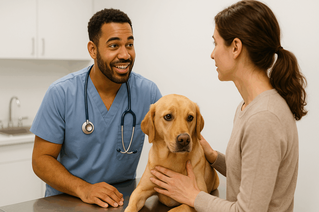 A veterinarian in blue scrubs smiles while talking to a woman holding her yellow Labrador retriever on an exam table, highlighting how artificial intelligence is shaping the future of veterinary medicine in the clinic.