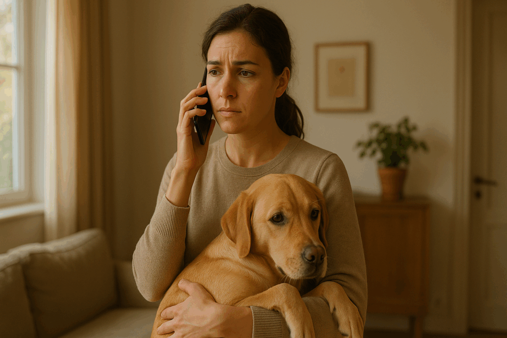 A worried woman holds a yellow Labrador retriever in her arms while discussing veterinary medicine on the phone in a warmly lit living room.