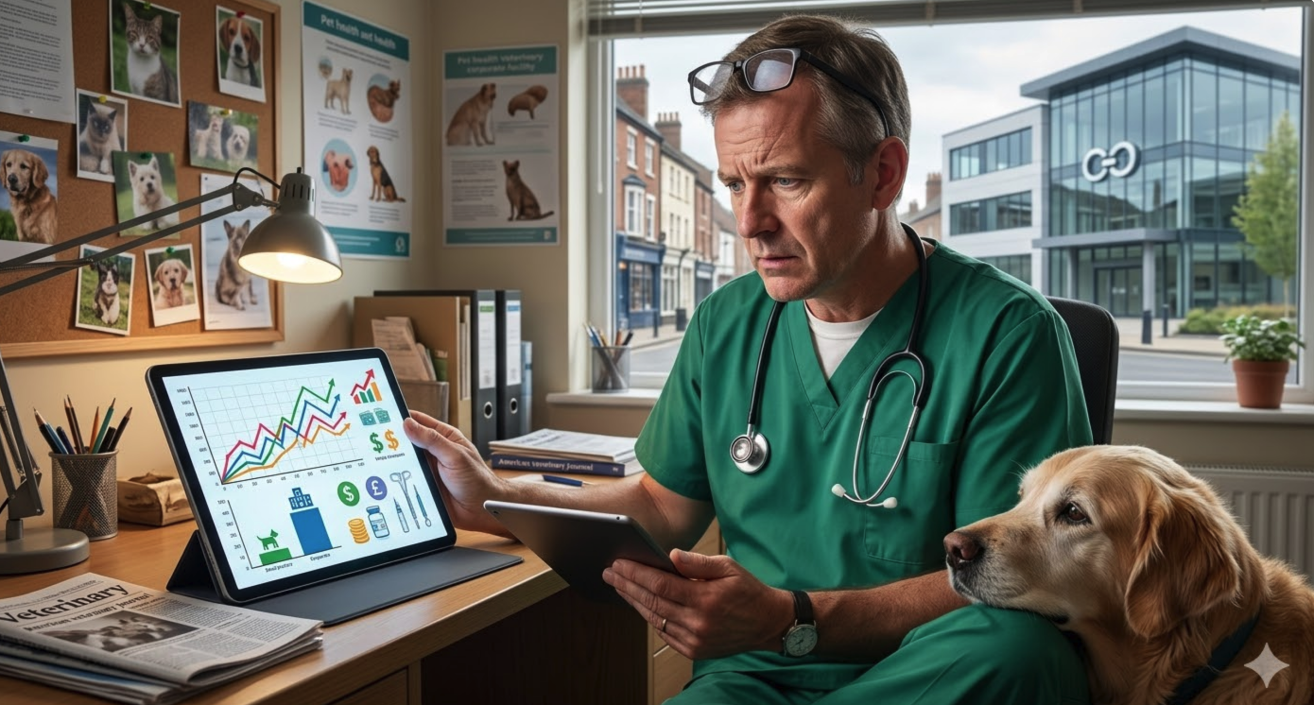A veterinarian in scrubs reviews charts and AI-powered graphs on a tablet in an office, with a dog beside him and pet photos on the wall. A veterinary clinic is visible through the window.