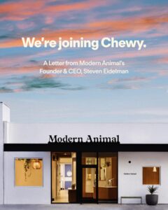 The exterior of a Modern Animal veterinary clinic at sunset. Text above the building reads, "We’re joining Chewy." Discover how artificial intelligence is shaping the future of veterinary medicine in a letter from Founder & CEO, Steven Eidelman.
