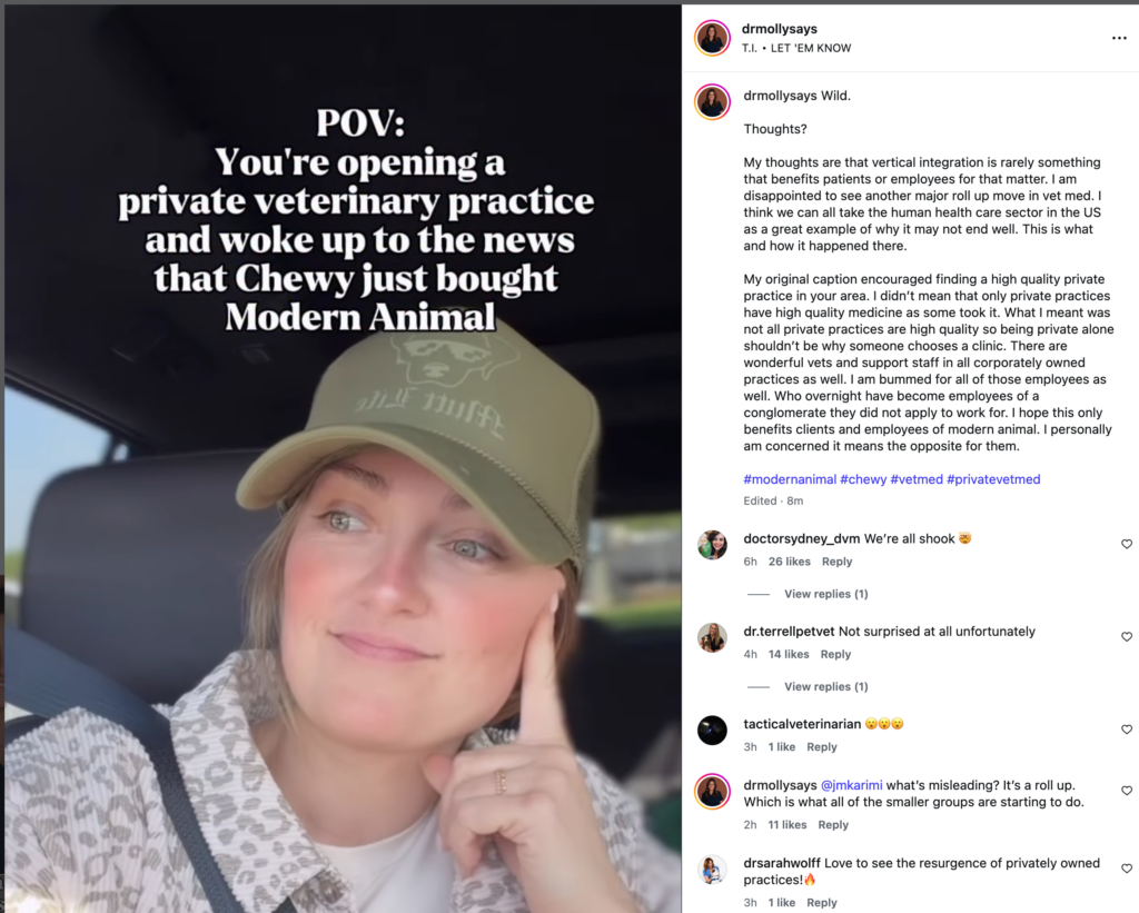 A woman in a car wears a green cap and rests her chin on her hand, looking thoughtful. Overlaid text reads: "POV: You're opening a private veterinary medicine practice and woke up to the news that Chewy just bought Modern Animal.