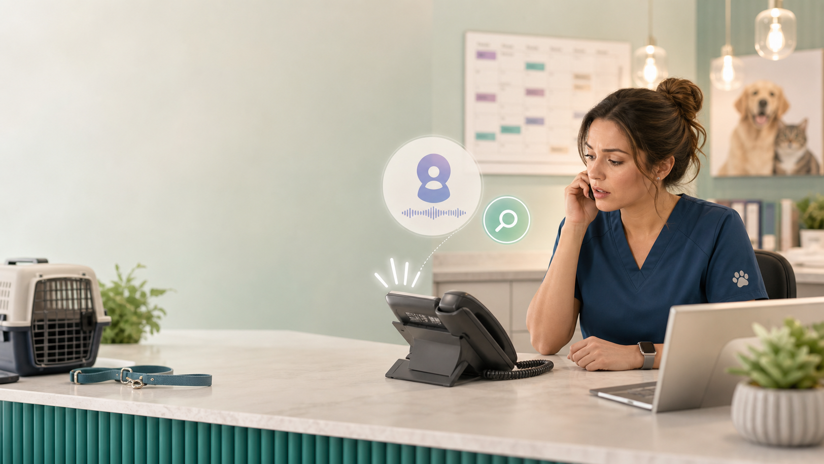 A woman in medical scrubs sits at a reception desk, talking on the phone. A cat carrier and leash are on the counter. Digital icons appear above the phone, and animal photos are on the wall in the background.