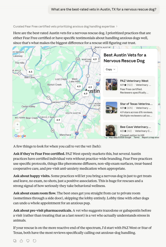 Screenshot of a ChatGPT response to a pet owner asking, 'What are the best-rated vets in Austin, TX for a nervous rescue dog?' The response shows three   recommended Austin veterinary practices with star ratings, review counts, a map, and a coaching script on what to ask when calling.
